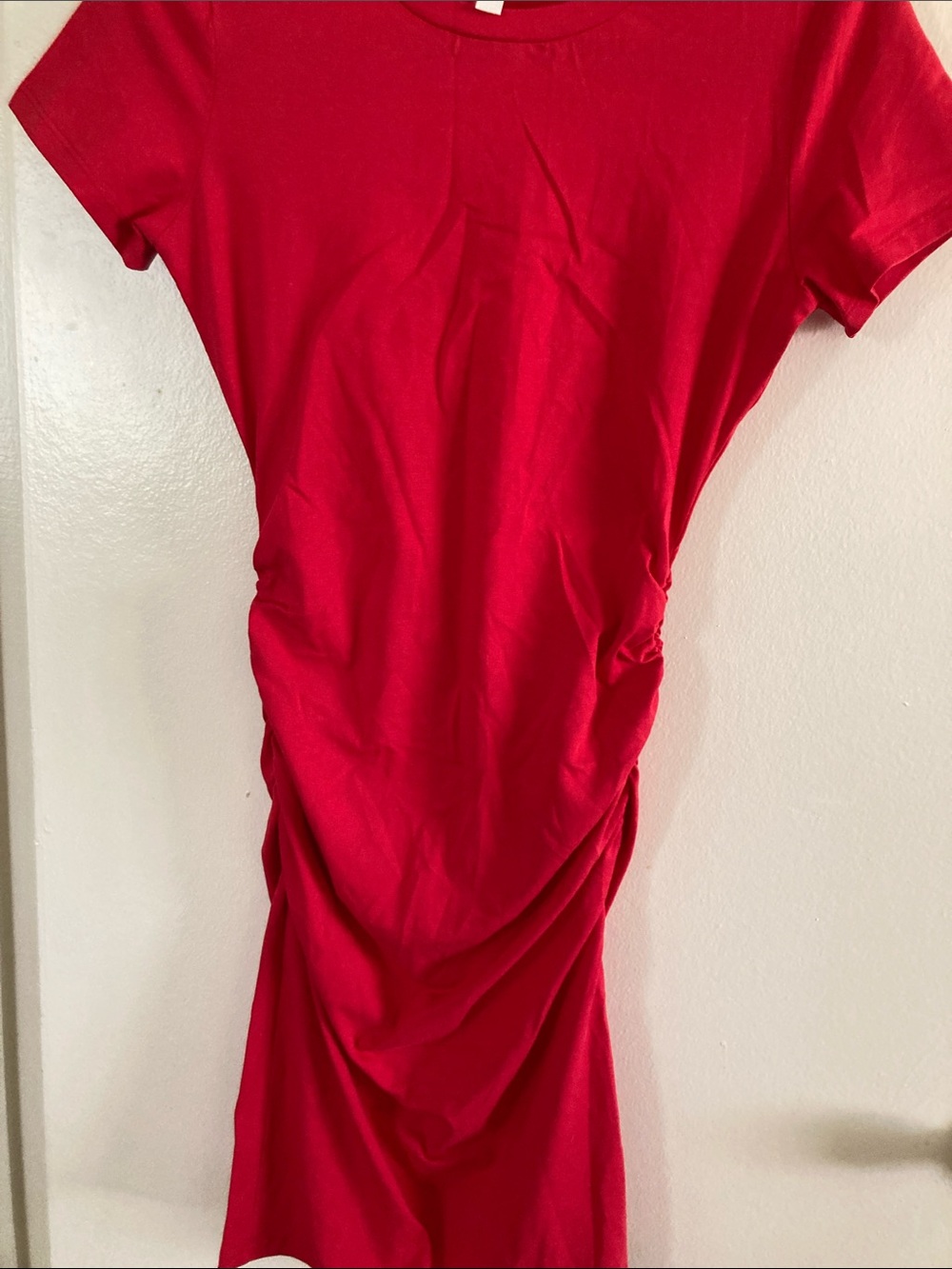 Ruched Red Midi Dress with Crew Neck - Picture 5 of 8
